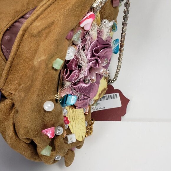 Brown Coin Purse with Pink Satin Flower, Gems & Gold Leaf – Statement Mini Bag - Picture 12 of 12